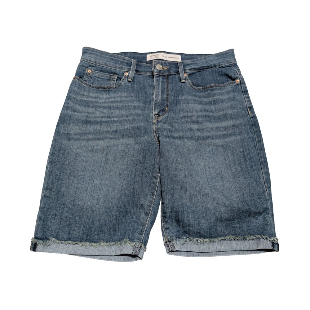 Signature by Levi Strauss Shorts Women 10‎ Blue Mid Rise Bermuda Raw Hem Stretch
